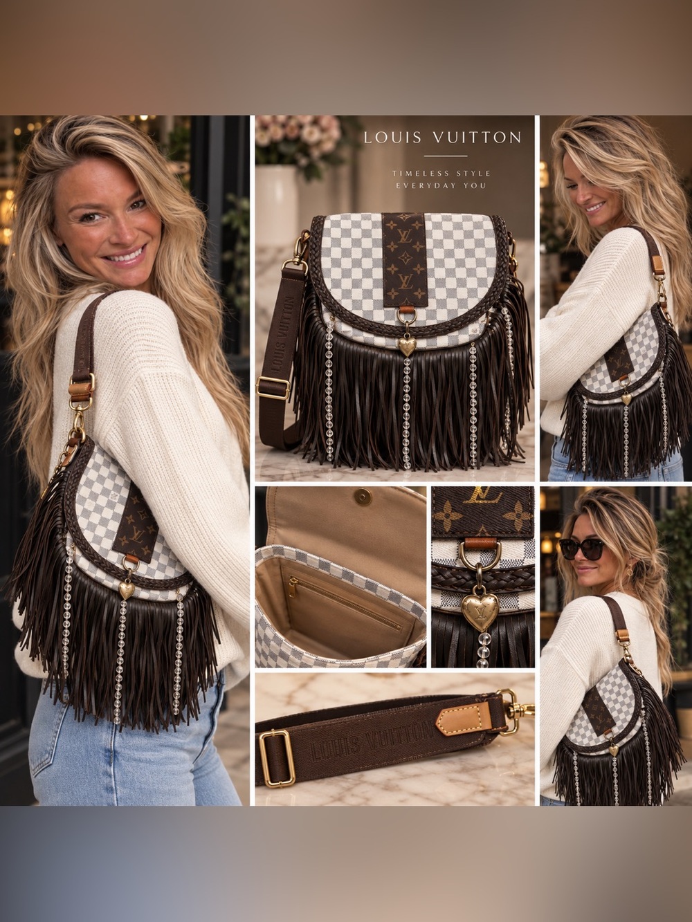 Upcycled lv White Damier & Brown Fringe Crossbody Bag with Crystal Tassels